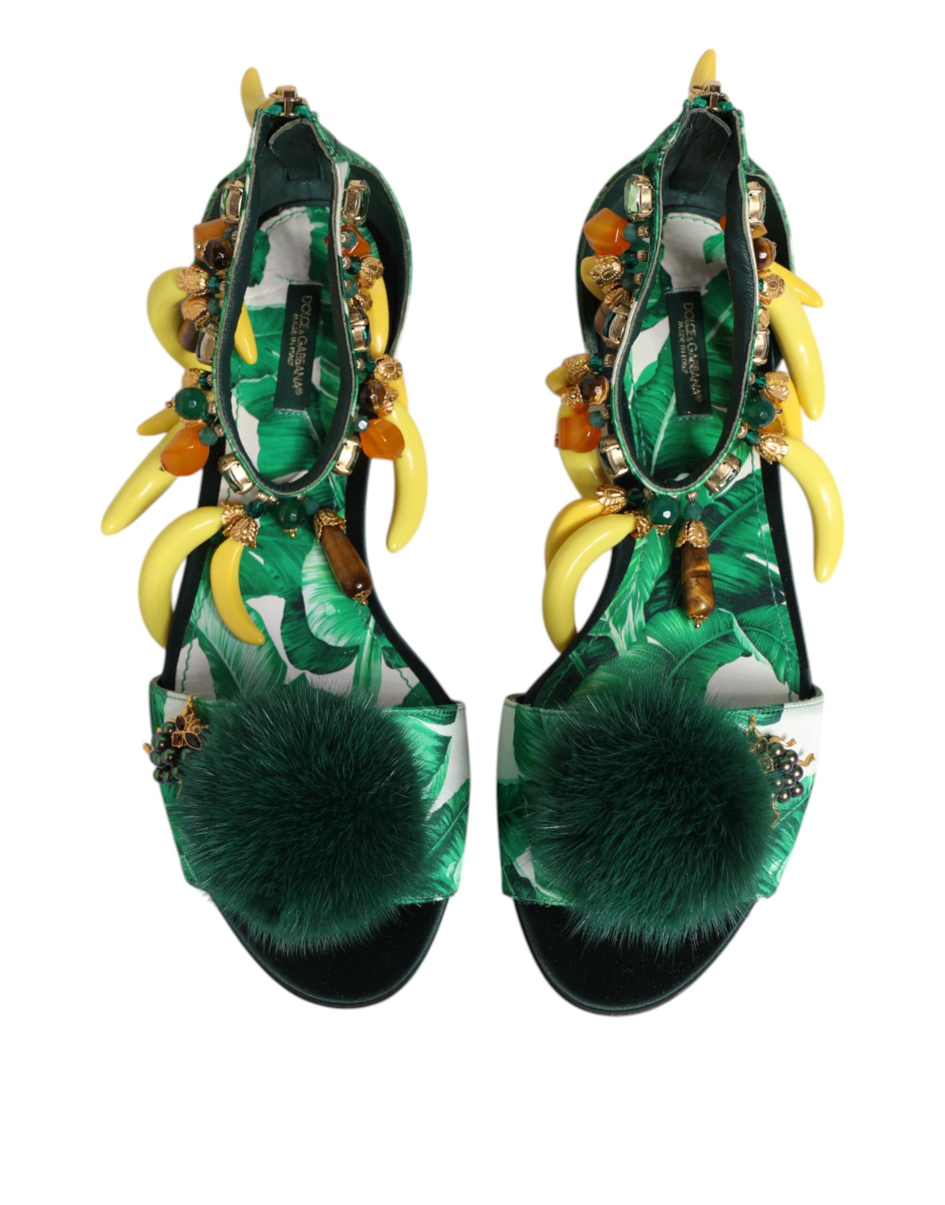 Dolce & Gabbana Green Mink Fur Satin Banana Leaf Sandals Shoes