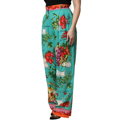 Dolce & Gabbana Green Silk Printed Straight Pants