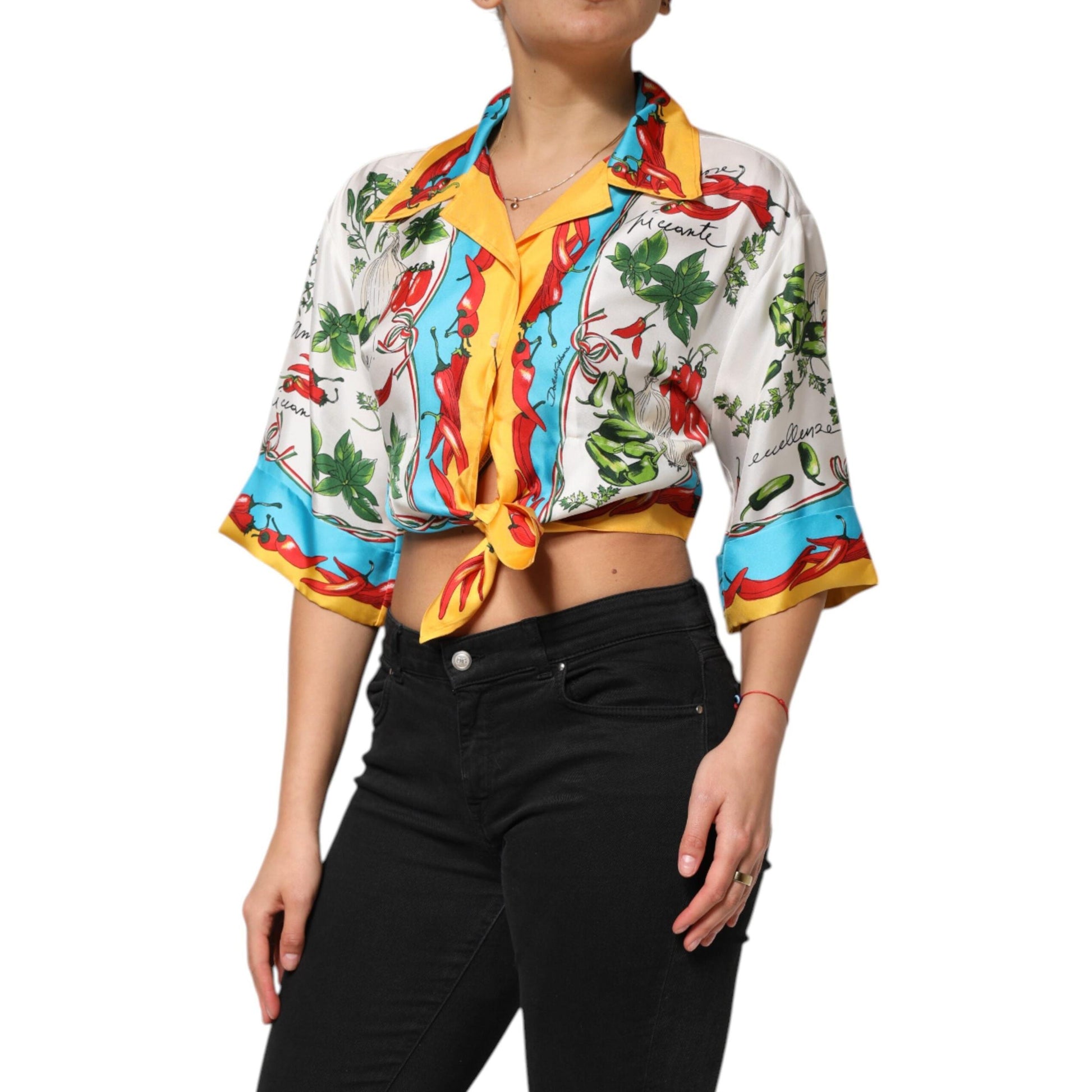 Dolce & Gabbana Multicolor Chili Silk Cropped Blouse Top