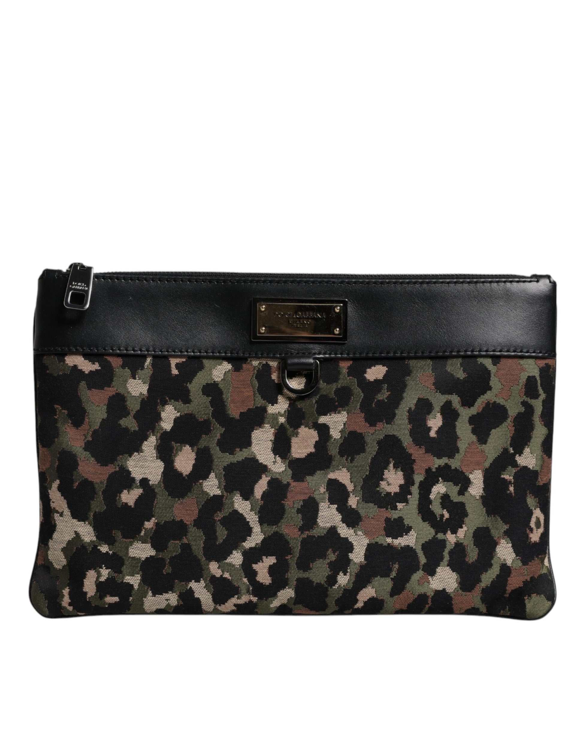 Dolce & Gabbana Multicolor Leopard Jacquard Print Logo Plaque Pouch Bag