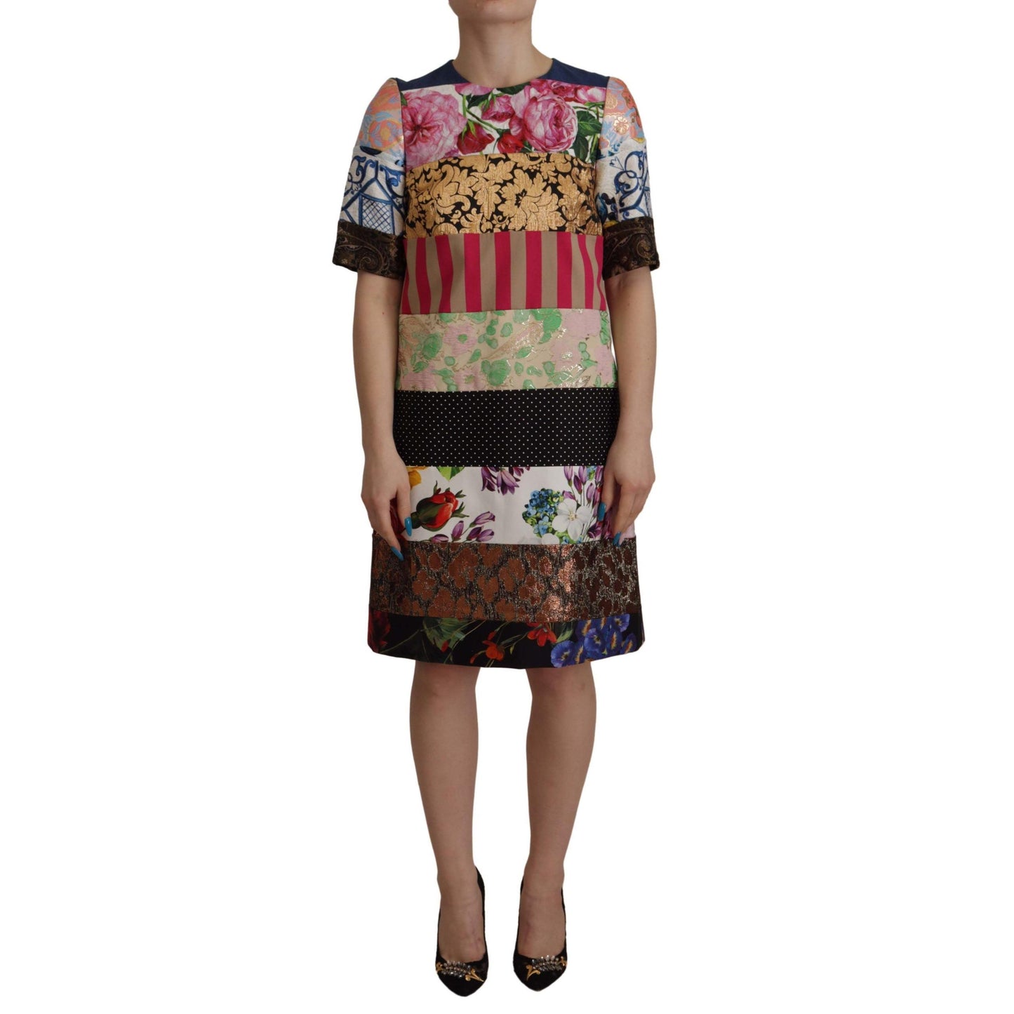 Dolce & Gabbana Multicolor Pachwork Floral Sheath Jaquard Mini Gown Dress