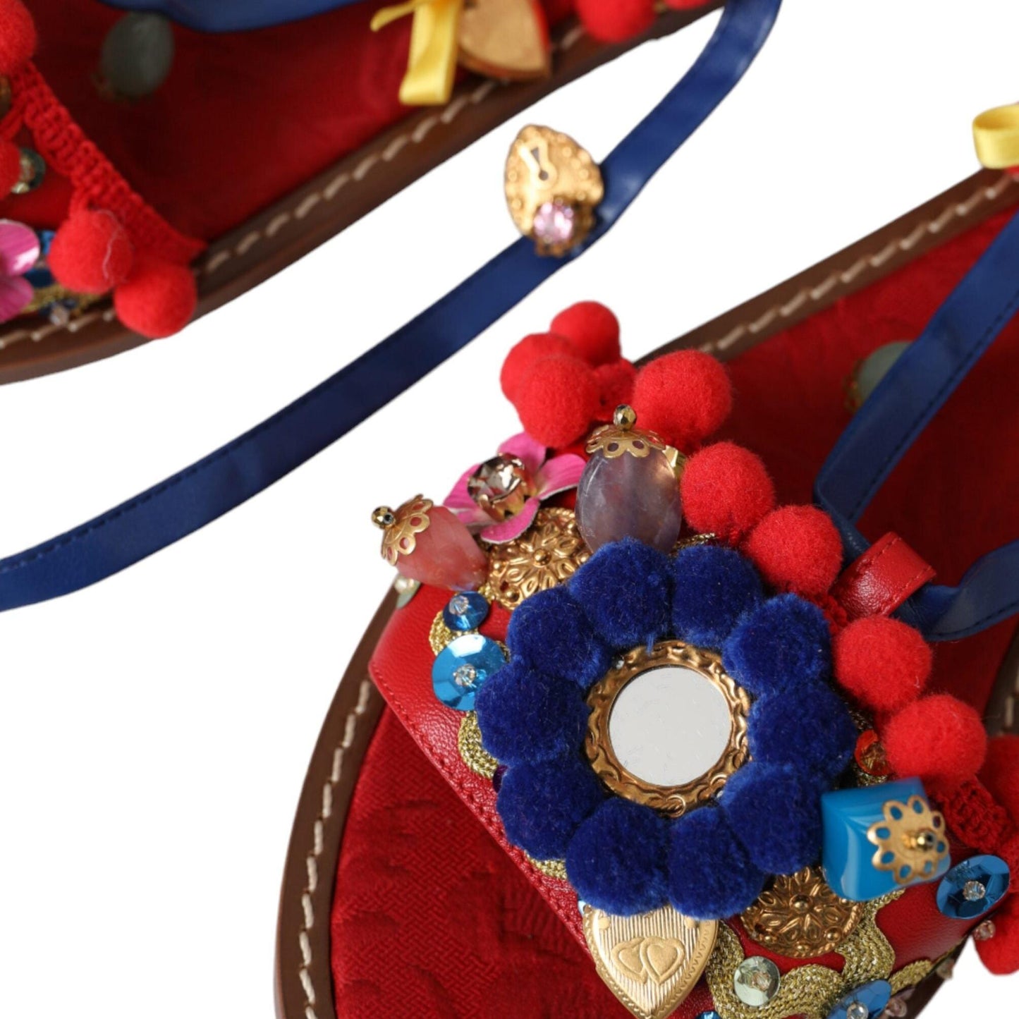 Dolce & Gabbana Multicolor Pom Pom Fur Wrap Sandals Shoes