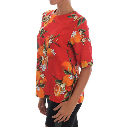 Dolce & Gabbana Orange Print Crystal-Embellished Blouse