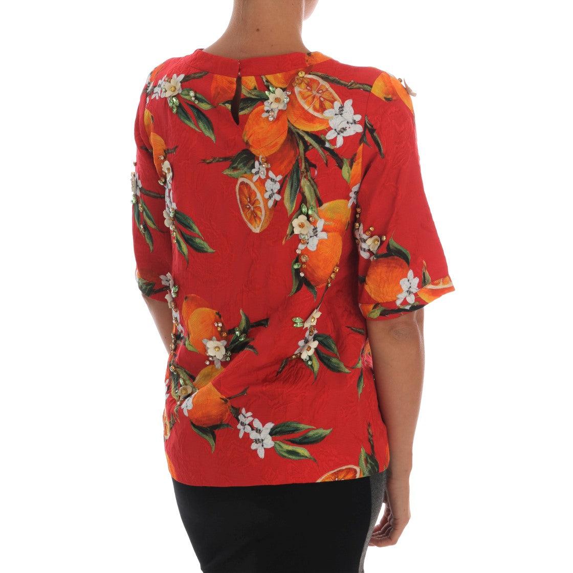 Dolce & Gabbana Orange Print Crystal-Embellished Blouse