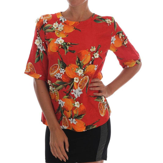Dolce & Gabbana Orange Print Crystal-Embellished Blouse