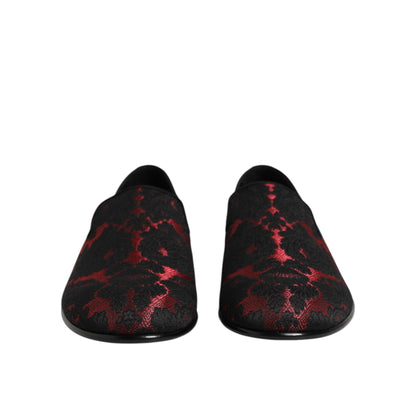 Dolce & Gabbana Red Black Jacquard Slip On Loafers Shoes