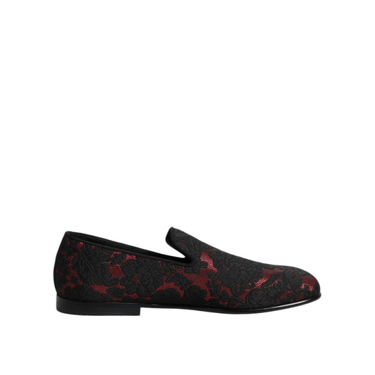 Dolce & Gabbana Red Black Jacquard Slip On Loafers Shoes