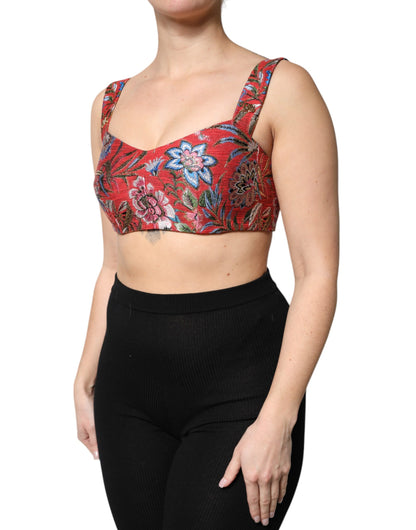 Dolce & Gabbana Red Floral Brocade Cropped Bustier Corset Top