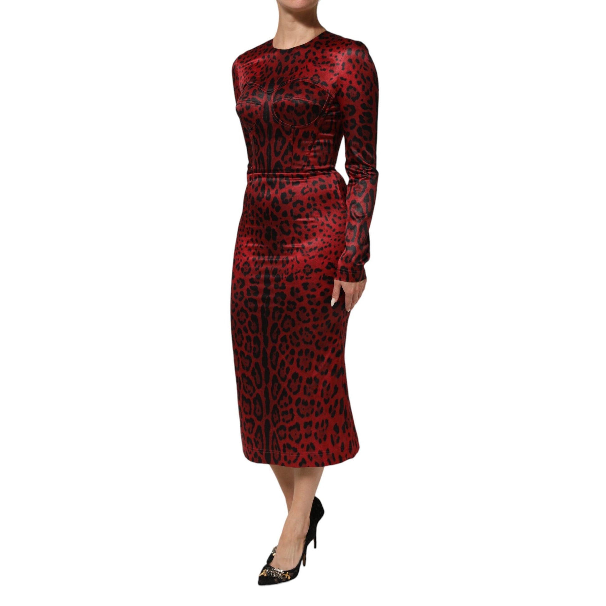 Dolce & Gabbana Red Leopard Sheath Long Sleeves Dress