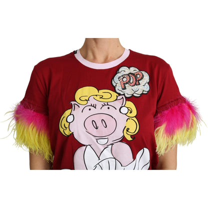 Dolce & Gabbana Red Pig Print Feather Sleeves T-shirt Top