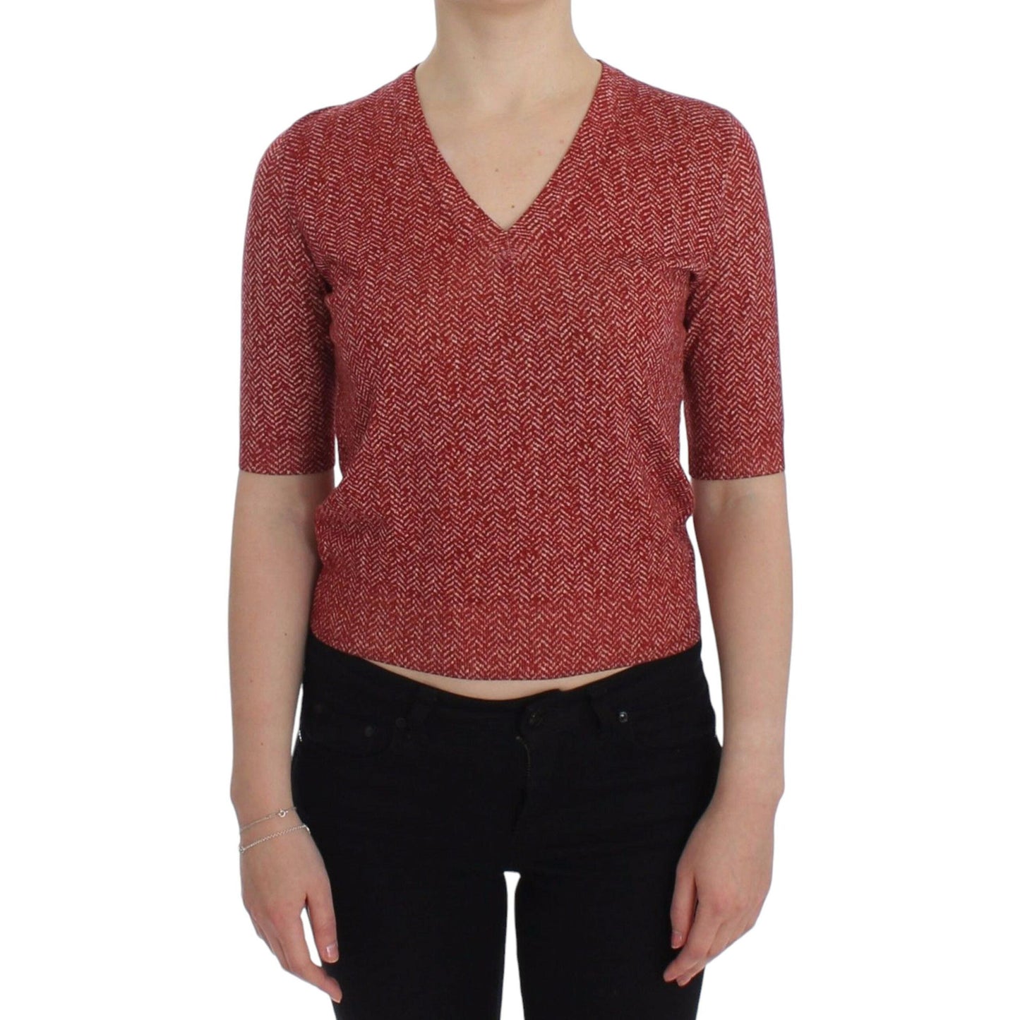 Dolce & Gabbana Red Wool Tweed Short Sleeve Sweater Pullover