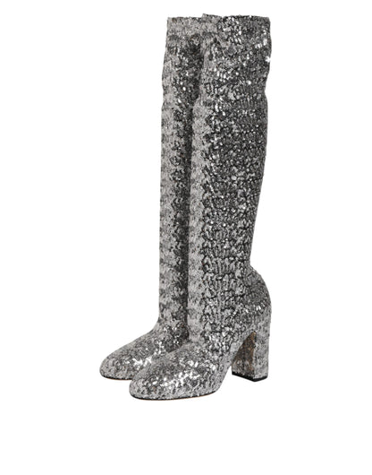 Dolce & Gabbana Shoes Silver Sequins Glitter High Heel Boot Shoes