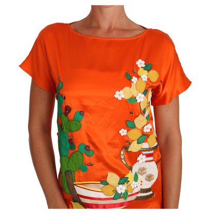 Dolce & Gabbana Silk Orange Lemon Crystal T-shirt Top