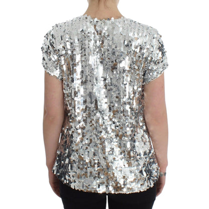 Dolce & Gabbana Silver Sequined Crewneck Blouse T-shirt Top