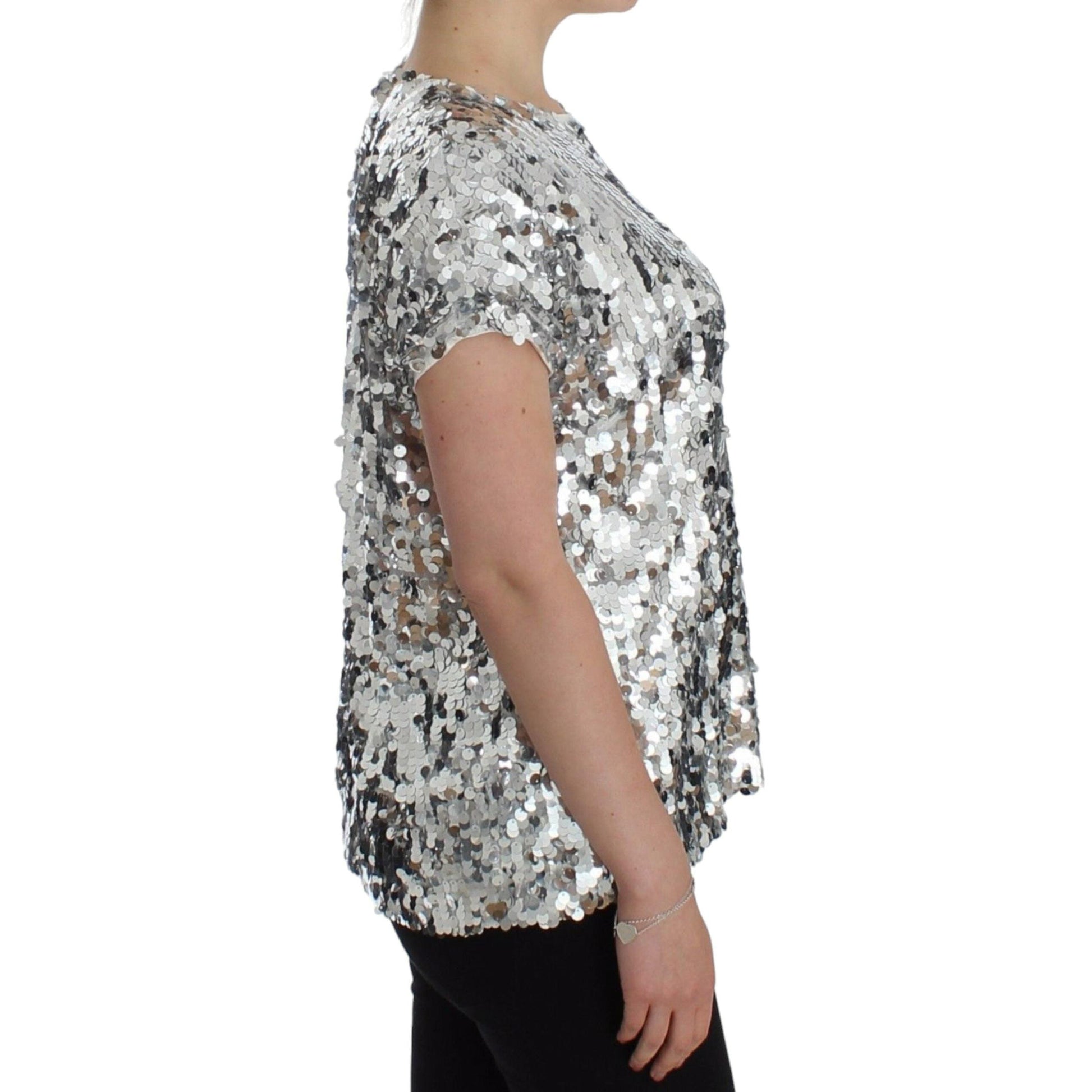 Dolce & Gabbana Silver Sequined Crewneck Blouse T-shirt Top