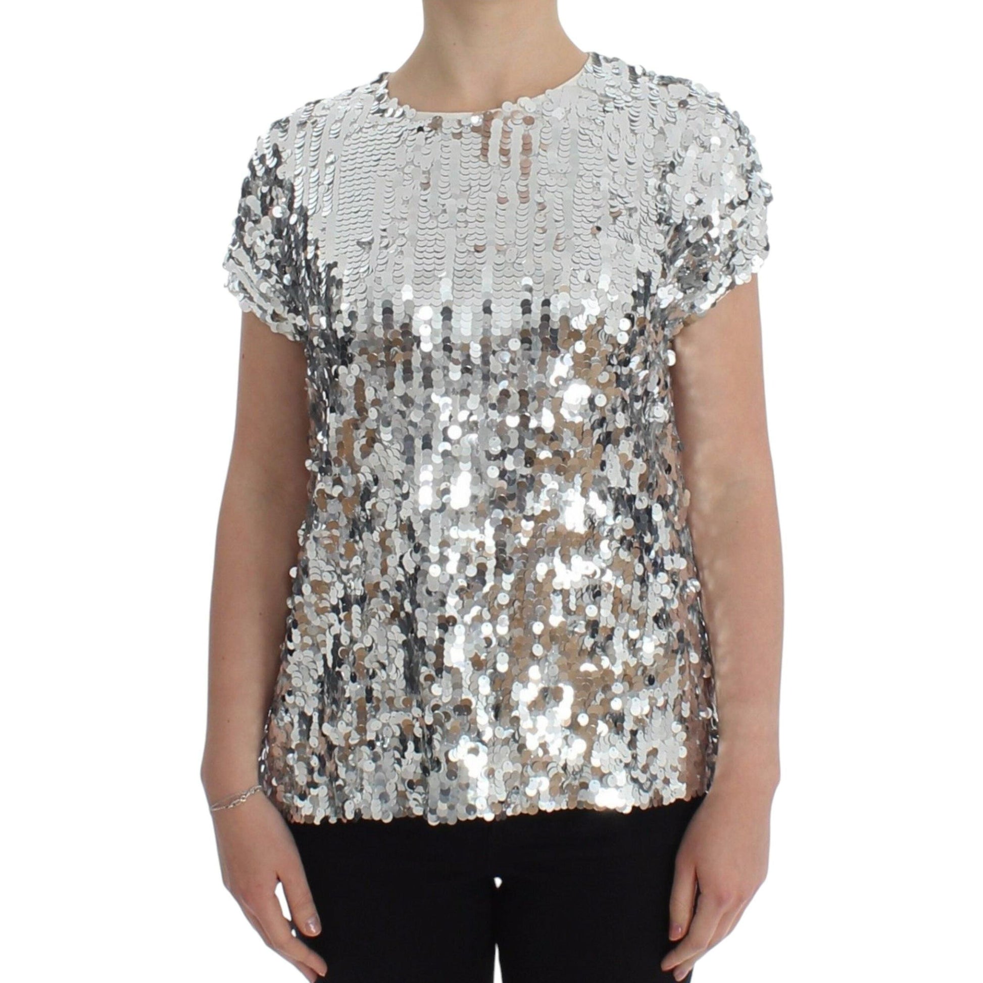 Dolce & Gabbana Silver Sequined Crewneck Blouse T-shirt Top
