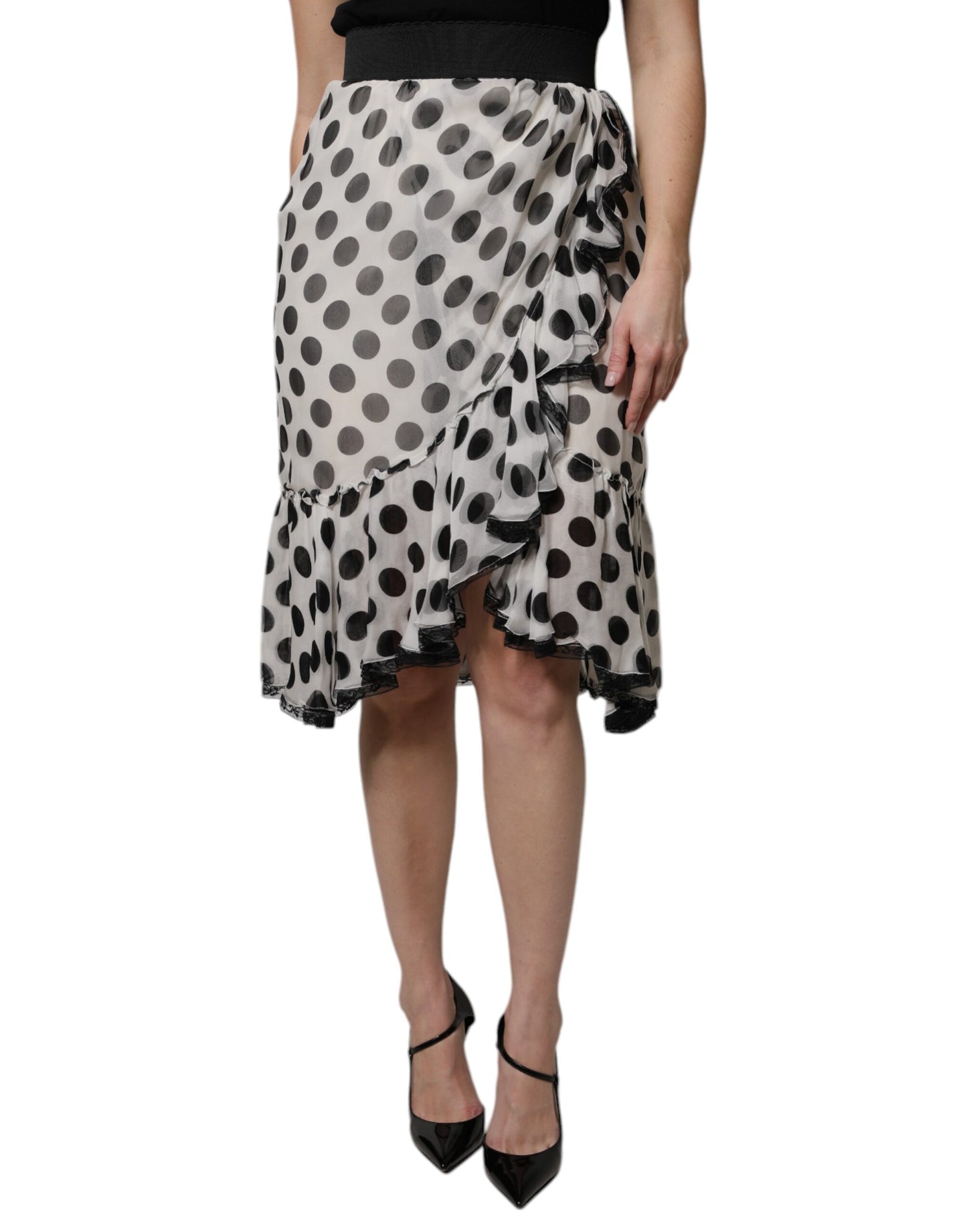 Dolce & Gabbana White Black Polka Dots Knee Length Skirt