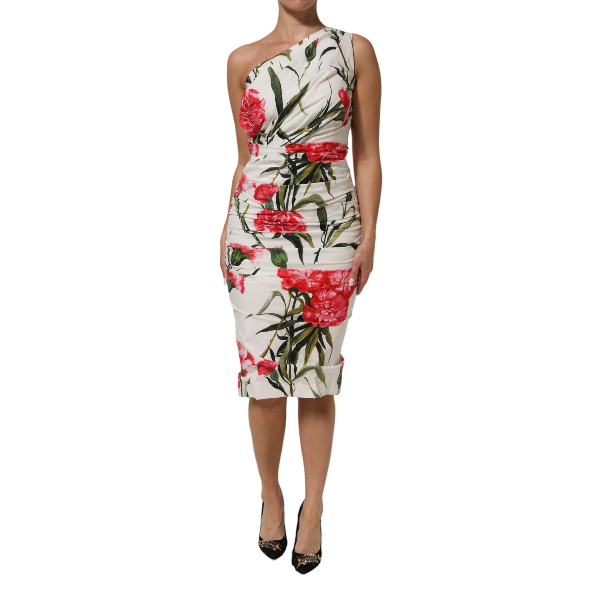 Dolce & Gabbana White Floral One Shoulder Sheath Dress