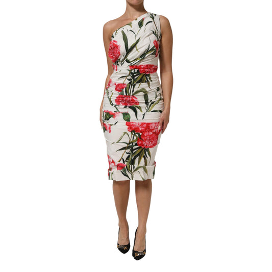Dolce & Gabbana White Floral One Shoulder Sheath Dress