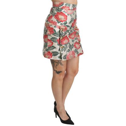 Dolce & Gabbana White Green Red Floral High Waist Mini Skirt