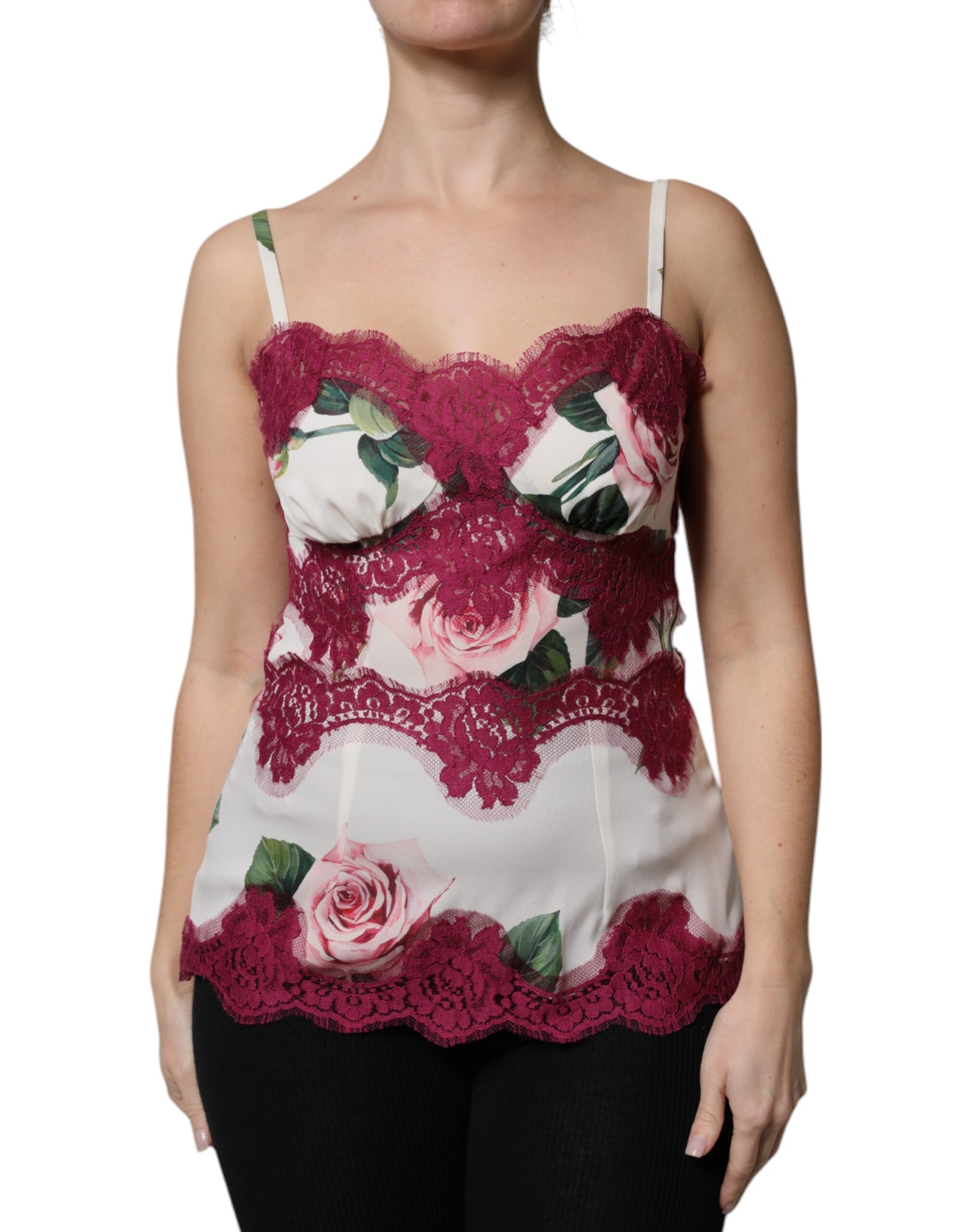 Dolce & Gabbana White Rose Print Satin Lace Tank Top Lingerie