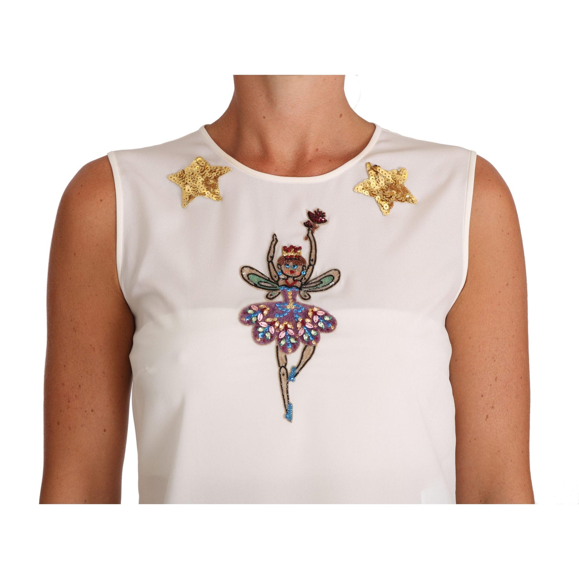 Dolce & Gabbana White Silk Embellished Crystal Sequin Fairy Top