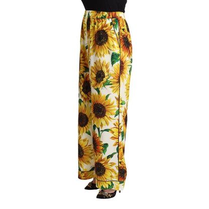 Dolce & Gabbana White Sunflower Print Mid Waist Wide Leg Pants