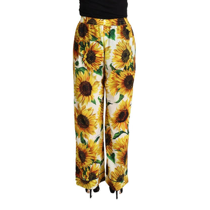 Dolce & Gabbana White Sunflower Print Mid Waist Wide Leg Pants