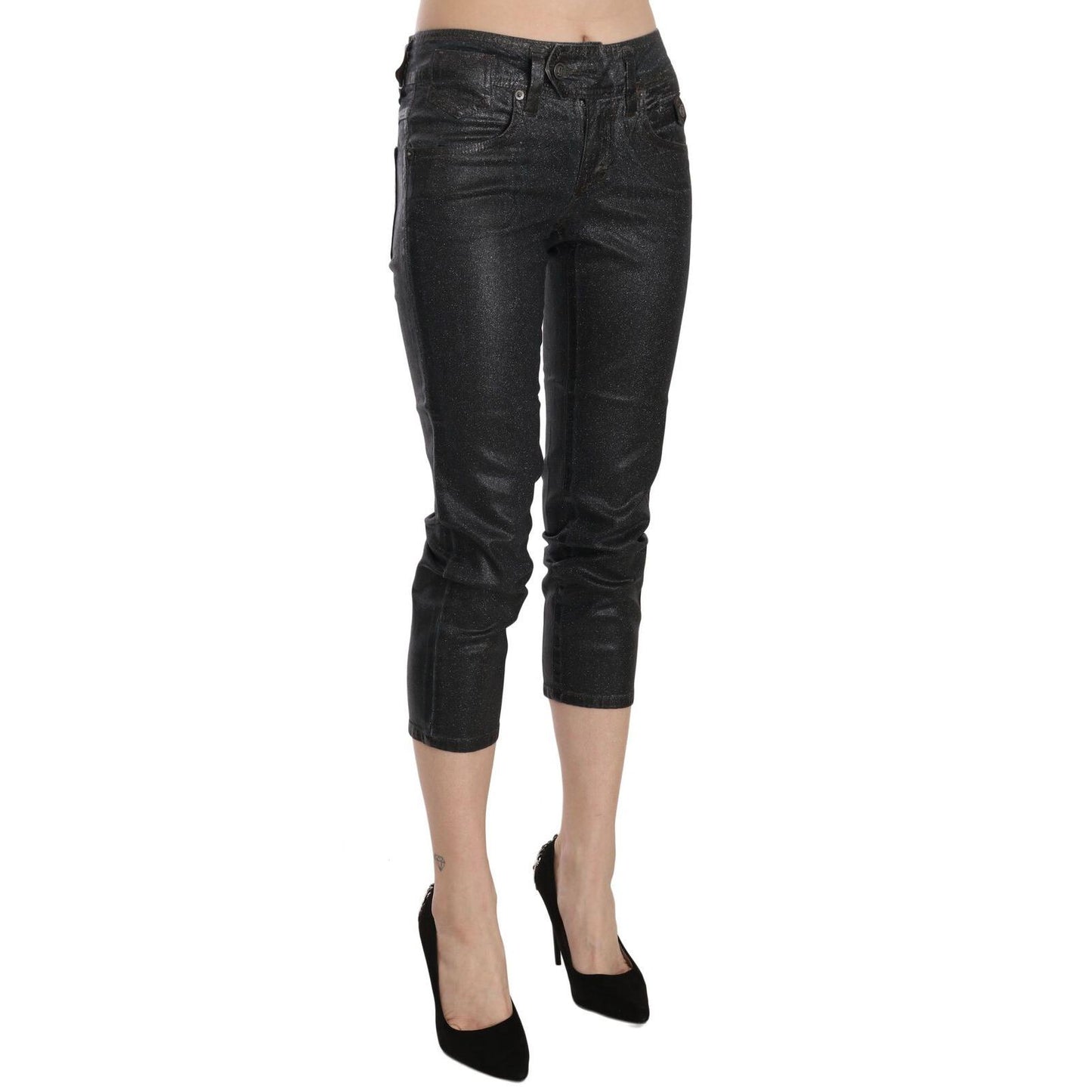 John Galliano Black Washed Mid Waist Slim Leg Cropped Denim Pants