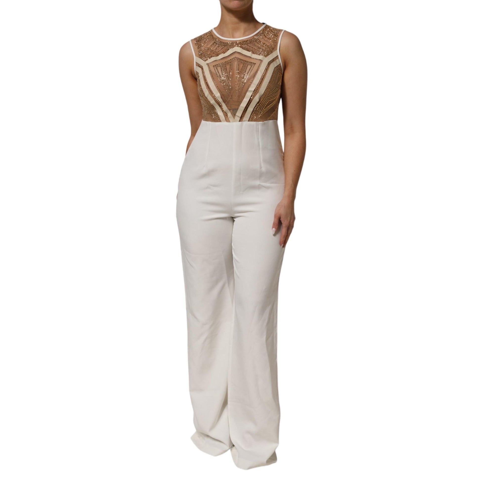 Mangano White Beige Mesh Crystal Embellished Sleeveless Jumpsuit