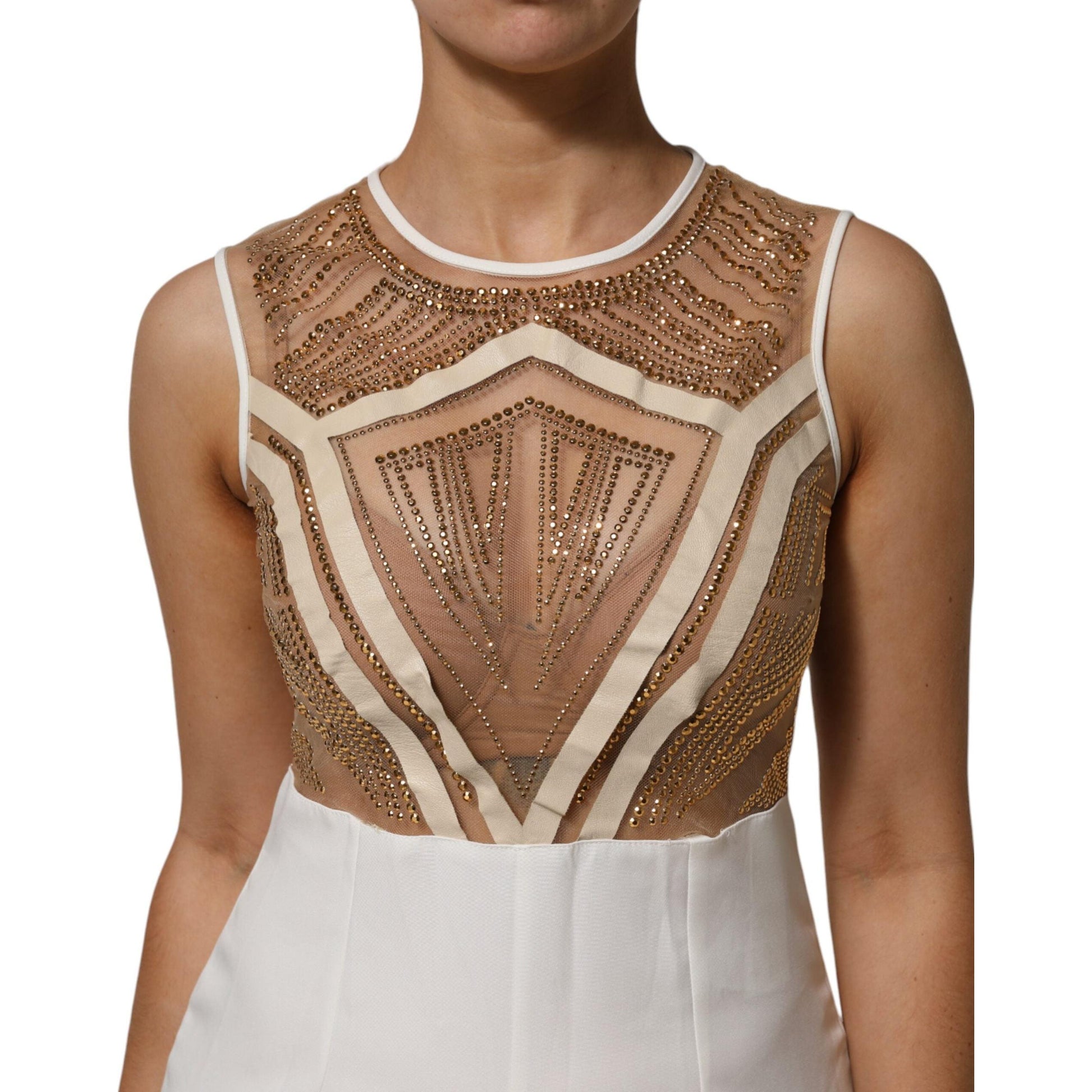 Mangano White Beige Mesh Crystal Embellished Sleeveless Jumpsuit