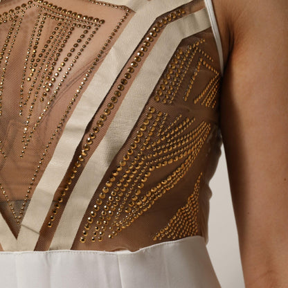 Mangano White Beige Mesh Crystal Embellished Sleeveless Jumpsuit